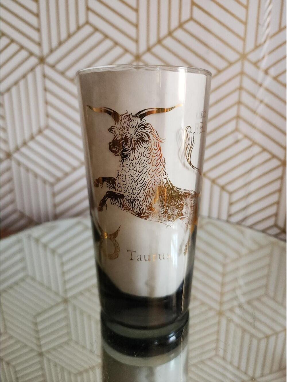 Vintage MidCentury Smoked Glass Taurus Zodiac Cocktail Collins Astrology Tumbler